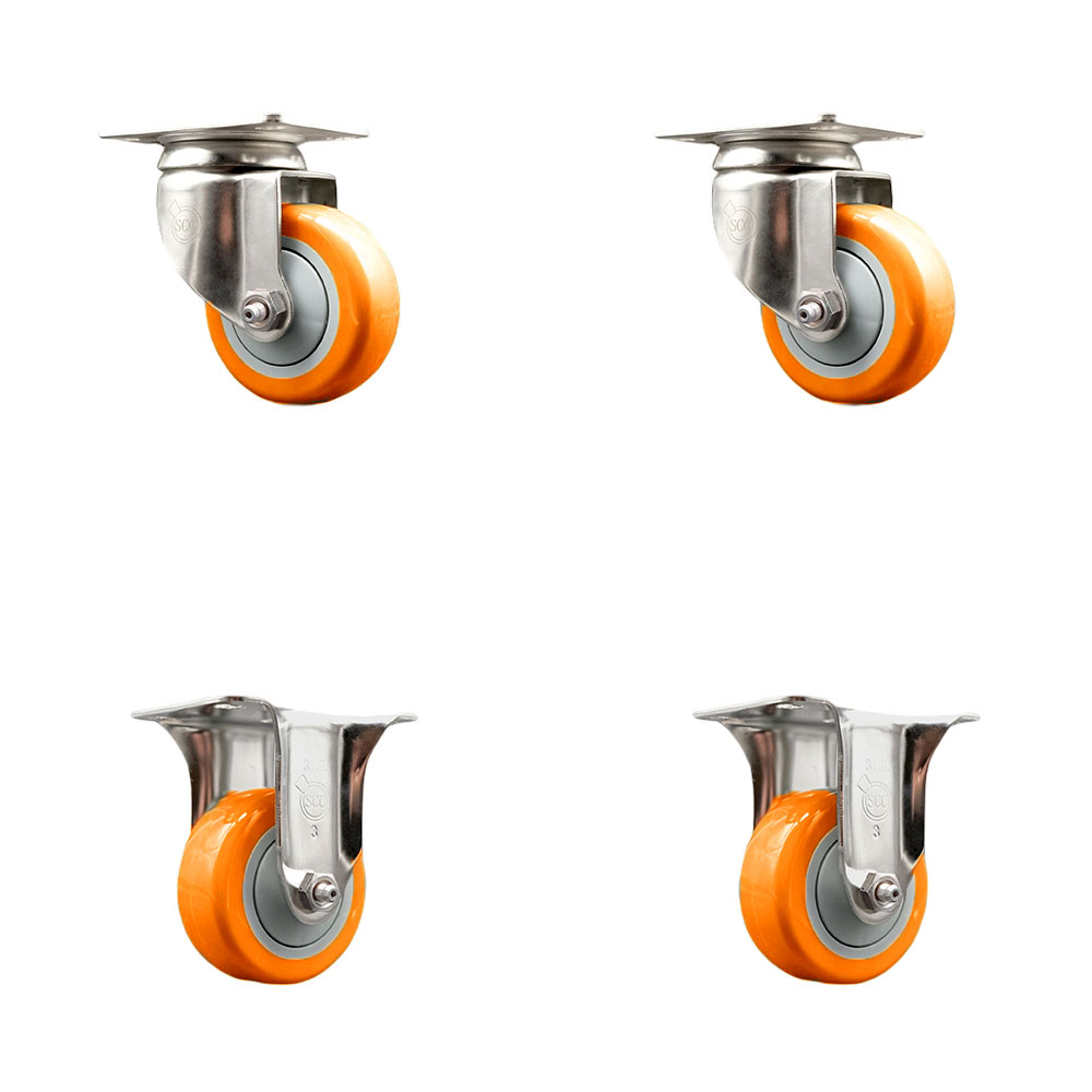 Polyurethane Swivel Top Plate Caster Set of 4 with 3 Inch Orange Caster Wheels - 316 Stainless Steel Casters - Includes 2 Swivel Casters and 2 Rigid Casters - Service Caster Brand — photo 1