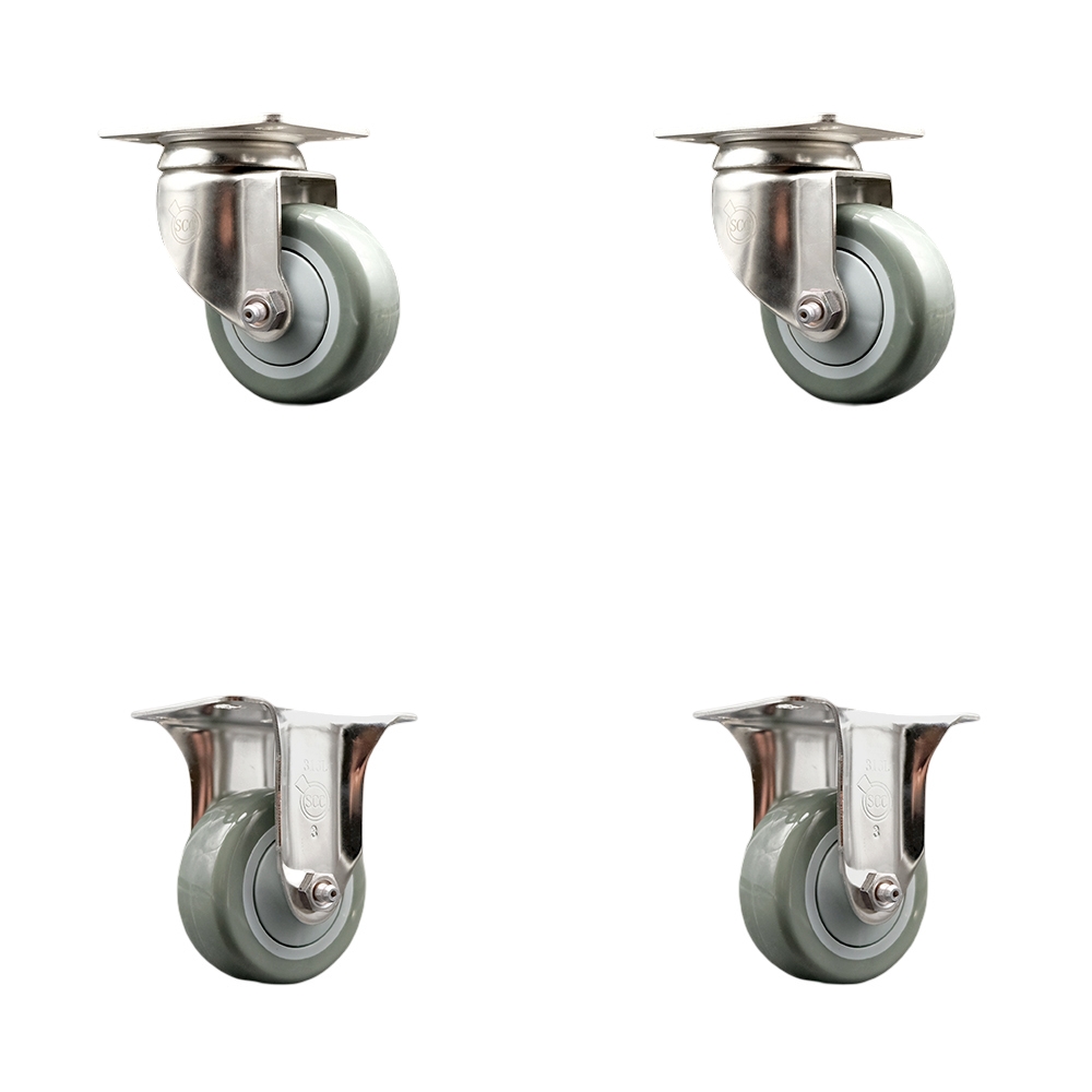Polyurethane Swivel Top Plate Caster Set of 4 with 3 Inch Gray Caster Wheels - 316 Stainless Steel Casters - Includes 2 Swivel Casters and 2 Rigid Casters - Service Caster Brand — photo 1