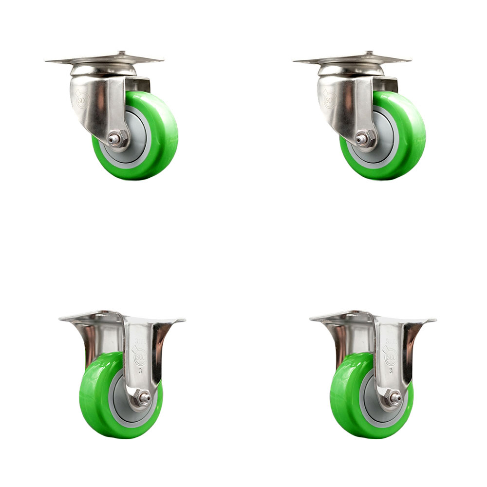 Polyurethane Swivel Top Plate Caster Set of 4 with 3.5 Inch Green Caster Wheels - 316 Stainless Steel Casters - Includes 2 Swivel Casters and 2 Rigid Casters - Service Caster Brand — photo 1