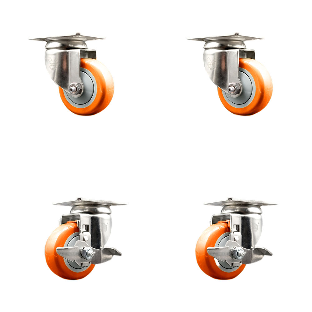 Polyurethane Swivel Top Plate Caster Set of 4 with 3.5 Inch Orange Caster Wheels - 316 Stainless Steel Casters - Includes 2 Swivel with Top Lock Brakes and 2 Swivel - Service Caster Brand — photo 1