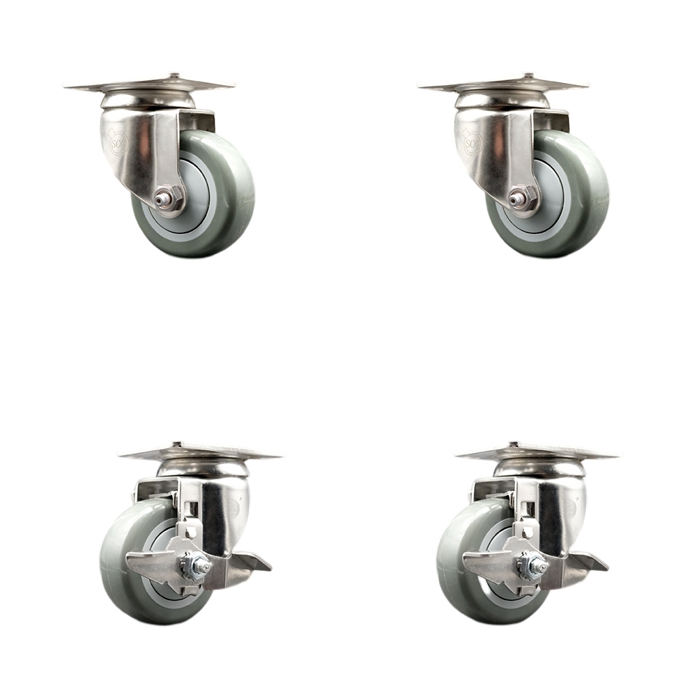 Polyurethane Swivel Top Plate Caster Set of 4 with 3.5 Inch Gray Caster Wheels - 316 Stainless Steel Casters - Includes 2 Swivel with Top Lock Brakes and 2 Swivel - Service Caster Brand — photo 1