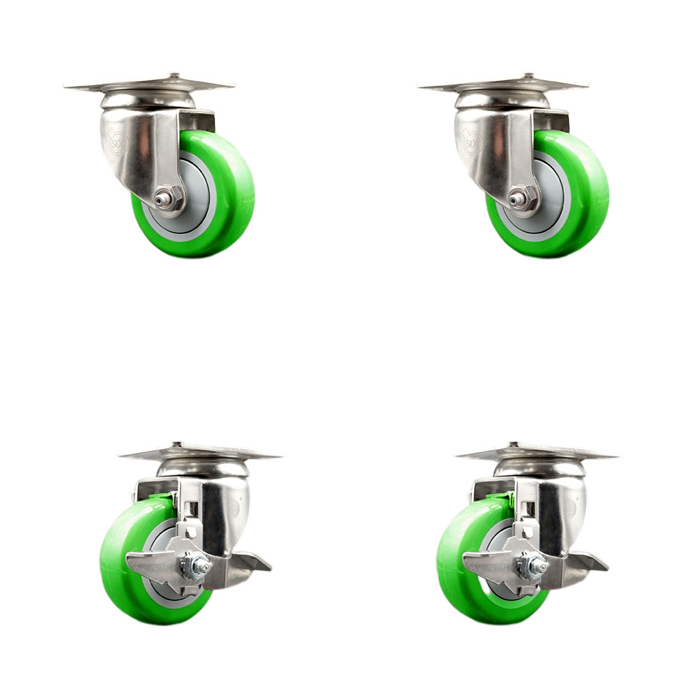 Polyurethane Swivel Top Plate Caster Set of 4 with 3.5 Inch Green Caster Wheels - 316 Stainless Steel Casters - Includes 2 Swivel with Top Lock Brakes and 2 Swivel - Service Caster Brand — photo 1
