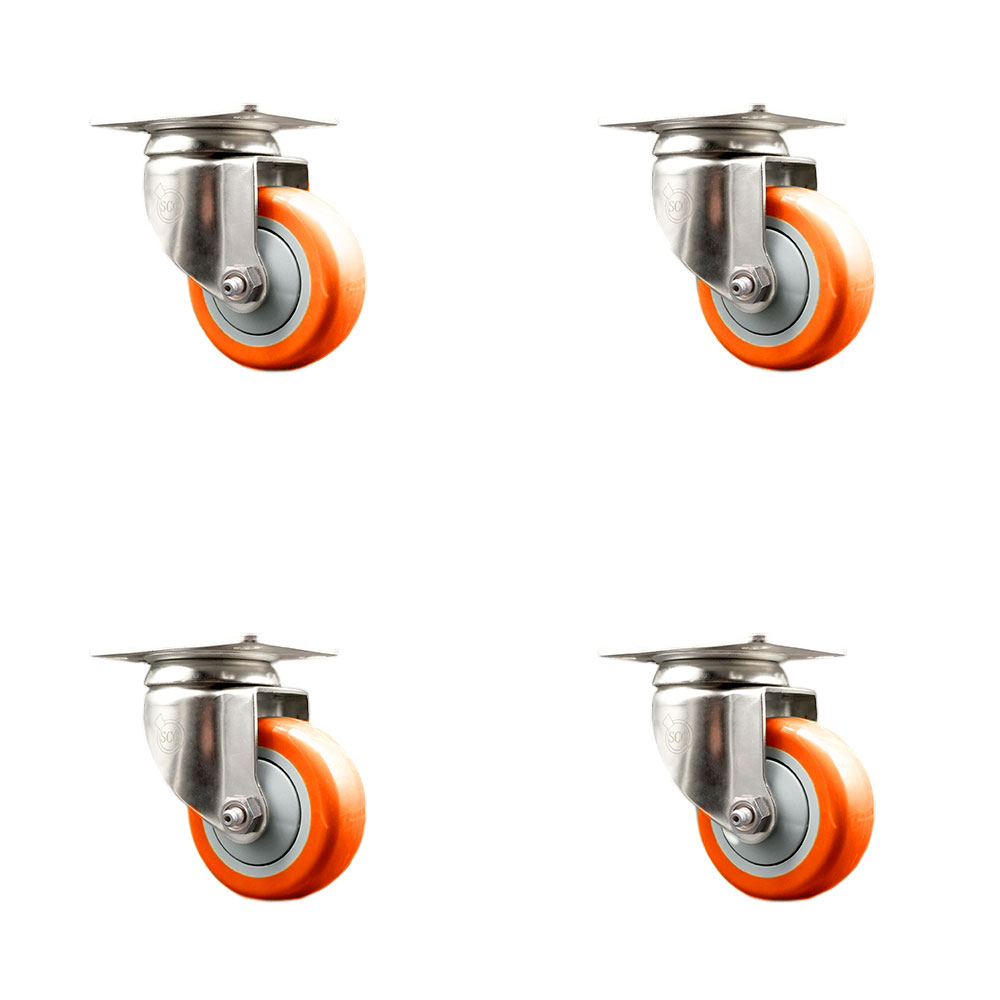 Polyurethane Swivel Top Plate Caster Set of 4 with 3.5 Inch Orange Caster Wheels - 316 Stainless Steel Casters - Includes 4 Swivel Casters - 1,200 lbs. Total Capacity - Service Caster Brand — photo 1