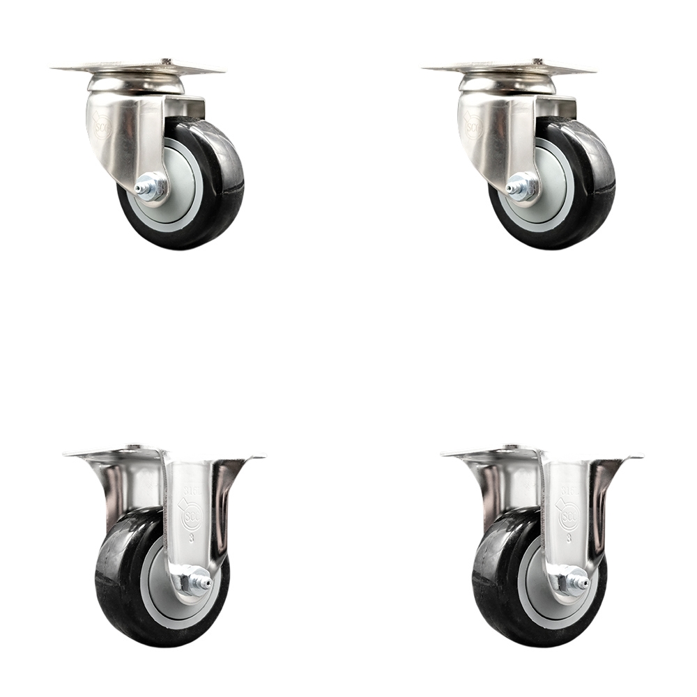 Polyurethane Swivel Top Plate Caster Set of 4 with 3.5 Inch Black Caster Wheels - 316 Stainless Steel Casters - Includes 2 Swivel Casters and 2 Rigid Casters - Service Caster Brand — photo 1