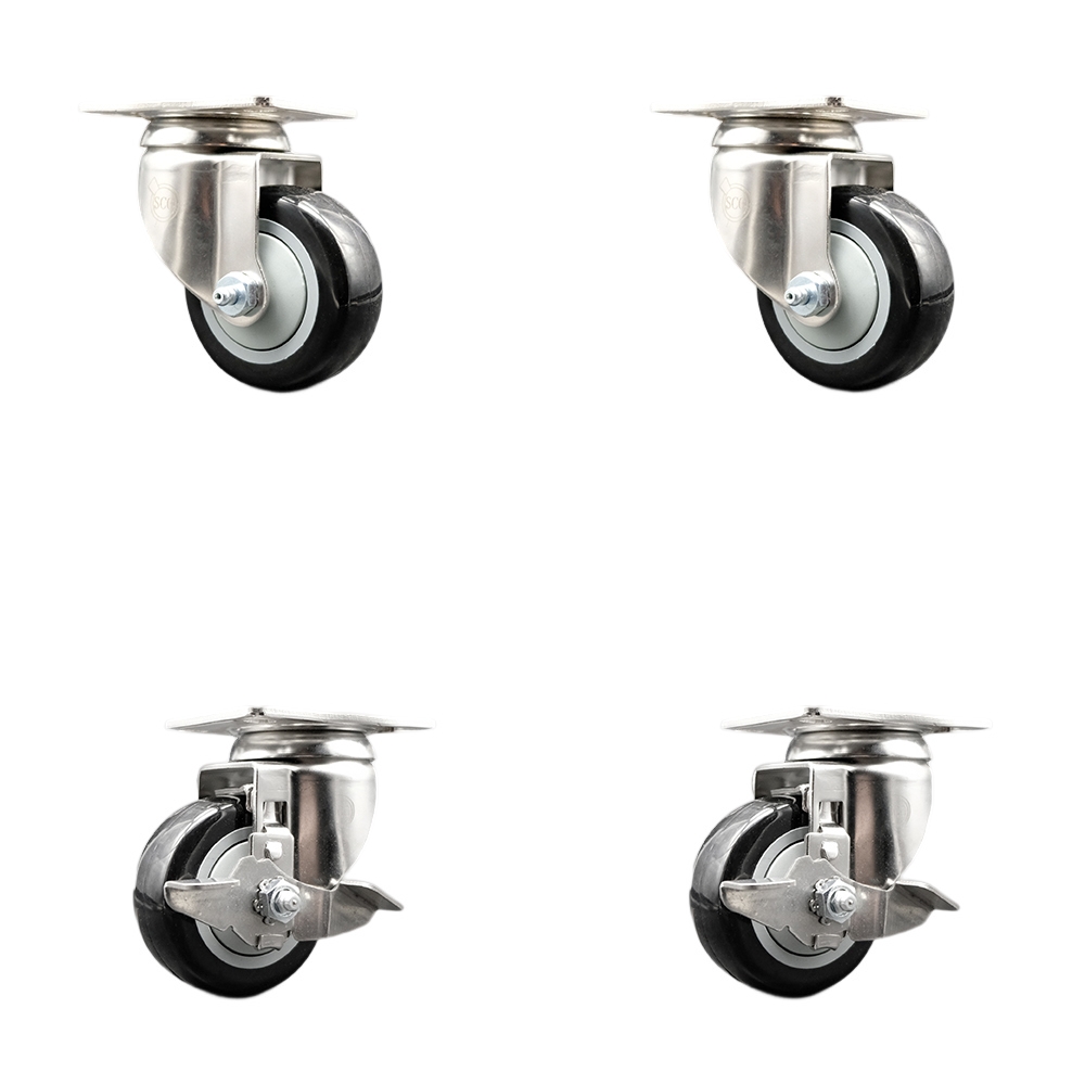 Polyurethane Swivel Top Plate Caster Set of 4 with 3.5 Inch Black Caster Wheels - 316 Stainless Steel Casters - Includes 2 Swivel with Top Lock Brakes and 2 Swivel - Service Caster Brand — photo 1