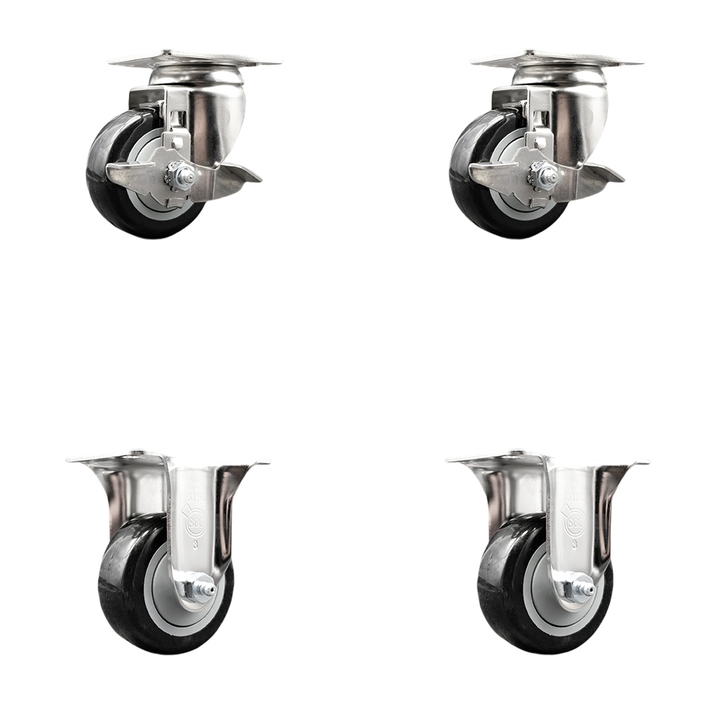 Polyurethane Swivel Top Plate Caster Set of 4 with 3.5 Inch Black Caster Wheels - 316 Stainless Steel Casters - Includes 2 Swivel with Top Lock Brakes and 2 Rigid - Service Caster Brand — photo 1