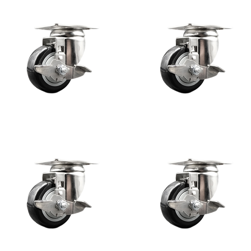 Polyurethane Swivel Top Plate Caster Set of 4 with 3.5 Inch Black Caster Wheels-316 Stainless Steel Casters-Includes 4 Swivel Casters with Top Lock Brake-1,200 lbs. Total Capacity-Service Caster Brand — photo 1