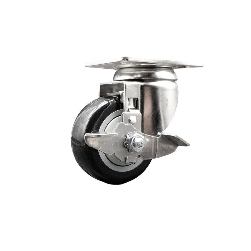 Polyurethane Swivel Top Plate Caster with 3 Inch Black Caster Wheel and Top Lock Brake - 316 Stainless Steel Caster - 300 lbs. Capacity Per Caster - Service Caster Brand — photo 1
