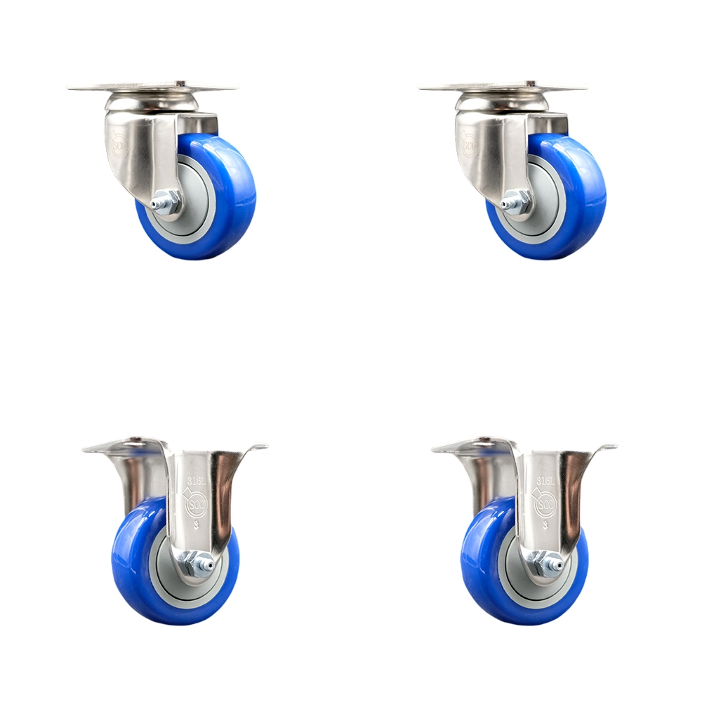 Polyurethane Swivel Top Plate Caster Set of 4 with 3.5 Inch Blue Caster Wheels - 316 Stainless Steel Casters - Includes 2 Swivel Casters and 2 Rigid Casters - Service Caster Brand — photo 1