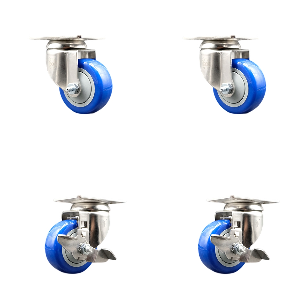 Polyurethane Swivel Top Plate Caster Set of 4 with 3 Inch Blue Caster Wheels - 316 Stainless Steel Casters - Includes 2 Swivel with Top Lock Brakes and 2 Swivel - Service Caster Brand — photo 1