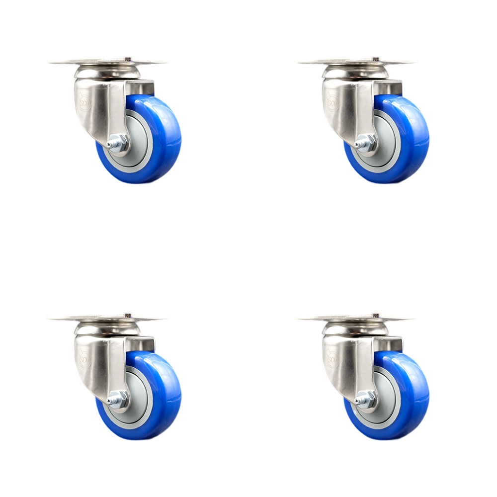 Polyurethane Swivel Top Plate Caster Set of 4 with 3.5 Inch Blue Caster Wheels - 316 Stainless Steel Casters - Includes 4 Swivel Casters - 1,200 lbs. Total Capacity - Service Caster Brand — photo 1