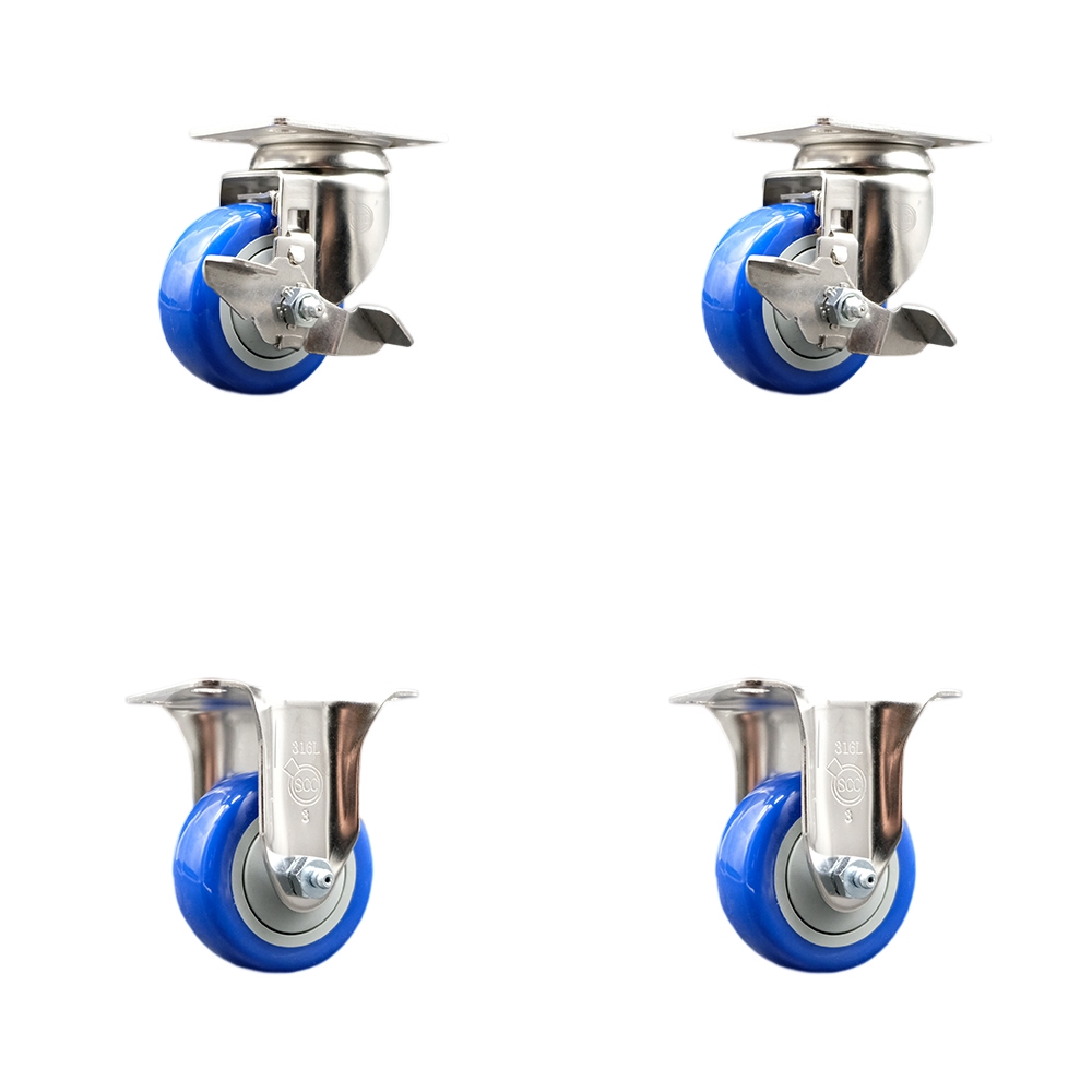 Polyurethane Swivel Top Plate Caster Set of 4 with 3 Inch Blue Caster Wheels - 316 Stainless Steel Casters - Includes 2 Swivel with Top Lock Brakes and 2 Rigid - Service Caster Brand — photo 1