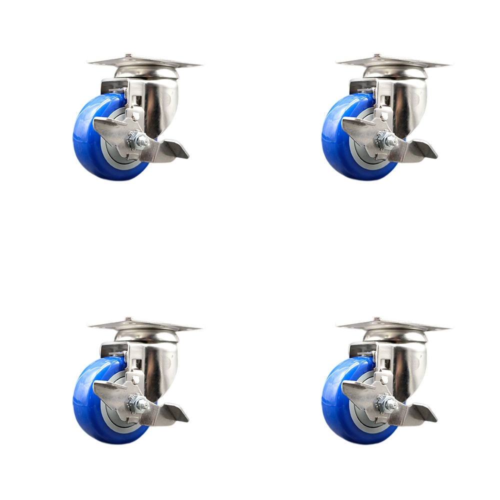 Polyurethane Swivel Top Plate Caster Set of 4 with 3 Inch Blue Caster Wheels -316 Stainless Steel Casters-Includes 4 Swivel Casters with Top Lock Brakes-1,200 lbs. Total Capacity- Service Caster Brand — photo 1