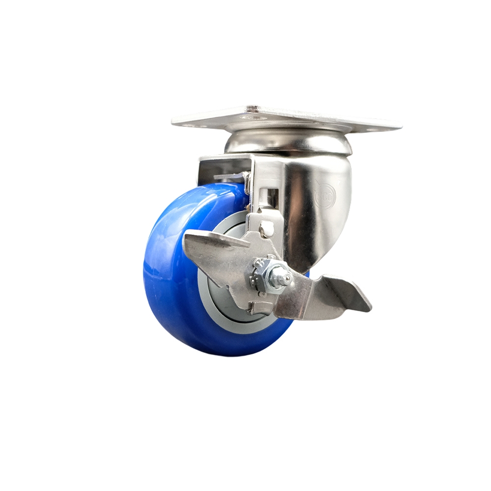 Polyurethane Swivel Top Plate Caster with 3.5 Inch Blue Caster Wheel and Top Lock Brake - 316 Stainless Steel Caster - 300 lbs. Capacity Per Caster - Service Caster Brand — photo 1