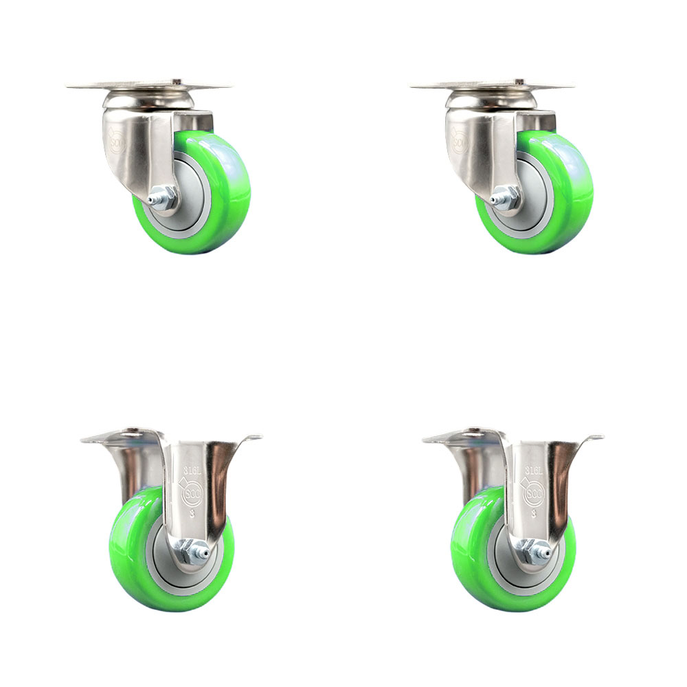Polyurethane Swivel Top Plate Caster Set of 4 with 3 Inch Green Caster Wheels - 316 Stainless Steel Casters - Includes 2 Swivel Casters and 2 Rigid Casters - Service Caster Brand — photo 1