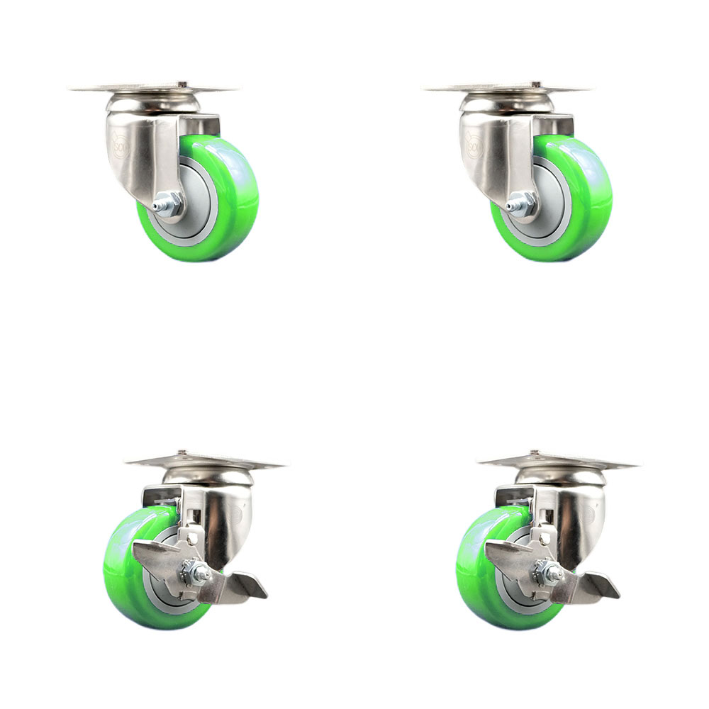 Polyurethane Swivel Top Plate Caster Set of 4 with 3 Inch Green Caster Wheels - 316 Stainless Steel Casters - Includes 2 Swivel with Top Lock Brakes and 2 Swivel - Service Caster Brand — photo 1