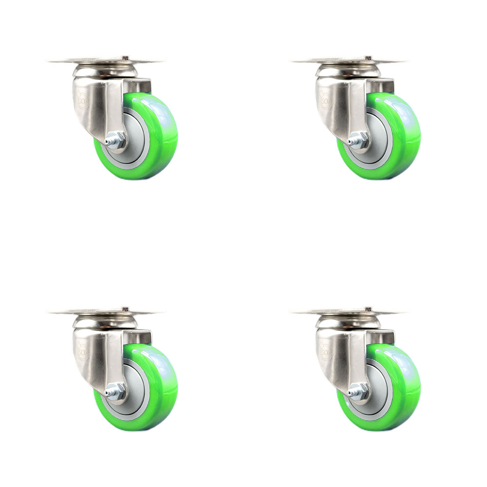Polyurethane Swivel Top Plate Caster Set of 4 with 3 Inch Green Caster Wheels - 316 Stainless Steel Casters - Includes 4 Swivel Casters - 1,200 lbs. Total Capacity - Service Caster Brand — photo 1