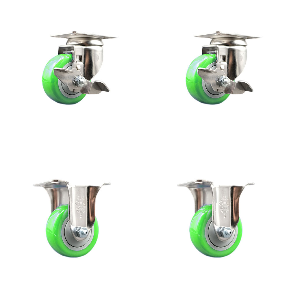 Polyurethane Swivel Top Plate Caster Set of 4 with 3 Inch Green Caster Wheels - 316 Stainless Steel Casters - Includes 2 Swivel with Top Lock Brakes and 2 Rigid - Service Caster Brand — photo 1