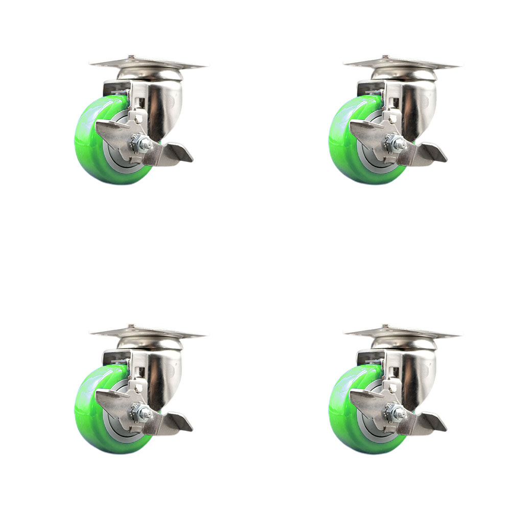 Polyurethane Swivel Top Plate Caster Set of 4 with 3 Inch Green Caster Wheels -316 Stainless Steel Casters-Includes 4 Swivel Casters with Top Lock Brakes-1,200 lbs. Total Capacity-Service Caster Brand — photo 1