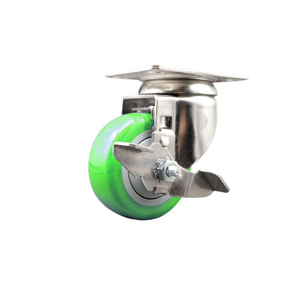 Polyurethane Swivel Top Plate Caster with 3 Inch Green Caster Wheel and Top Lock Brake - 316 Stainless Steel Caster - 300 lbs. Capacity Per Caster - Service Caster Brand — photo 1