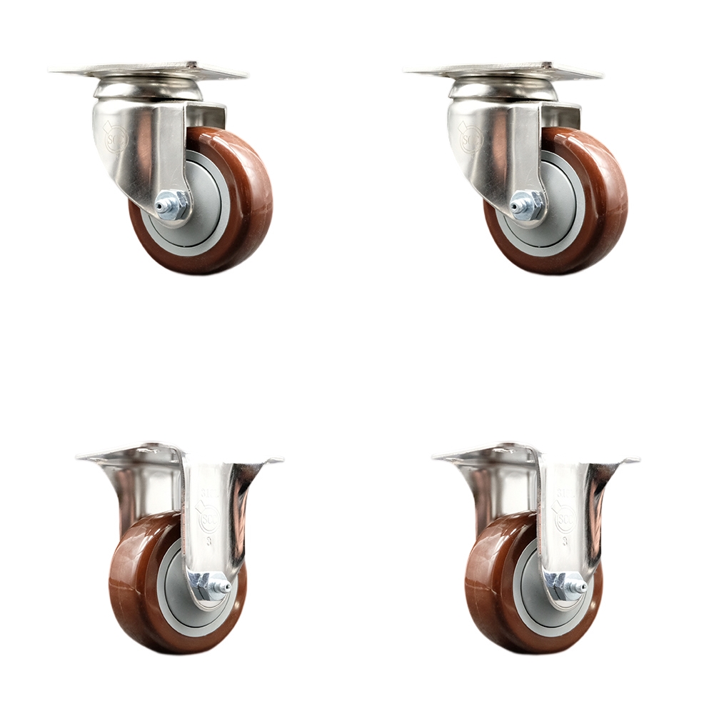 Polyurethane Swivel Top Plate Caster Set of 4 with 3 Inch Maroon Caster Wheels - 316 Stainless Steel Casters - Includes 2 Swivel Casters and 2 Rigid Casters - Service Caster Brand — photo 1