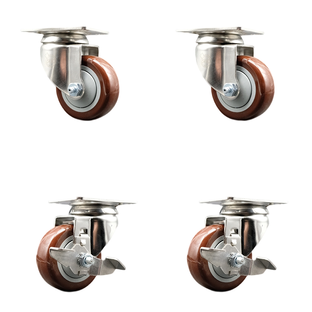 Polyurethane Swivel Top Plate Caster Set of 4 with 3.5 Inch Maroon Caster Wheels - 316 Stainless Steel Casters - Includes 2 Swivel with Top Lock Brakes and 2 Swivel - Service Caster Brand — photo 1