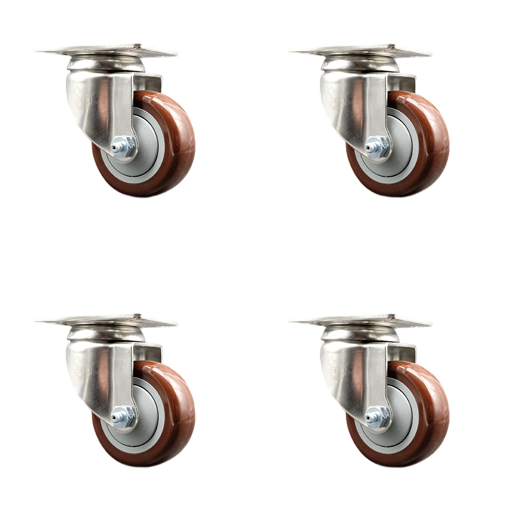 Polyurethane Swivel Top Plate Caster Set of 4 with 3 Inch Maroon Caster Wheels - 316 Stainless Steel Casters - Includes 4 Swivel Casters - 1,200 lbs. Total Capacity - Service Caster Brand — photo 1