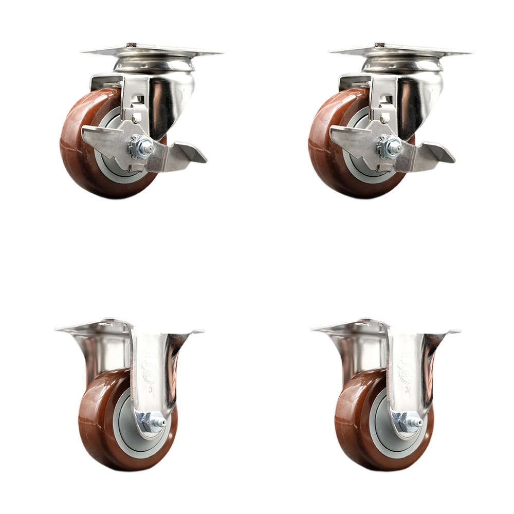 Polyurethane Swivel Top Plate Caster Set of 4 with 3 Inch Maroon Caster Wheels - 316 Stainless Steel Casters - Includes 2 Swivel with Top Lock Brakes and 2 Rigid - Service Caster Brand — photo 1