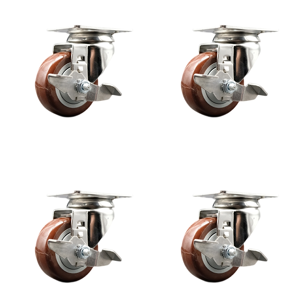 Polyurethane Swivel Top Plate Caster Set of 4 with 3.5 Inch Maroon Caster Wheels-316 Stainless Steel Casters-Includes 4 Swivel Casters with Top Lock Brake-1,200lbs. Total Capacity-Service Caster Brand — photo 1