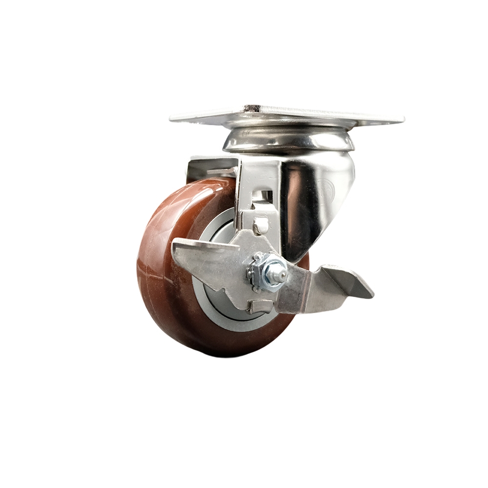 Polyurethane Swivel Top Plate Caster with 3.5 Inch Maroon Caster Wheel and Top Lock Brake - 316 Stainless Steel Caster - 300 lbs. Capacity Per Caster - Service Caster Brand — photo 1