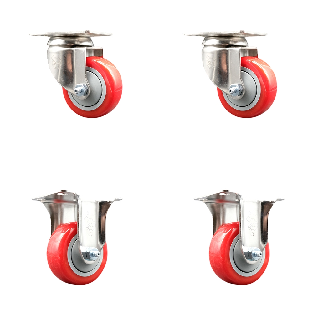 Polyurethane Swivel Top Plate Caster Set of 4 with 3.5 Inch Red Caster Wheels - 316 Stainless Steel Casters - Includes 2 Swivel Casters and 2 Rigid Casters - Service Caster Brand — photo 1
