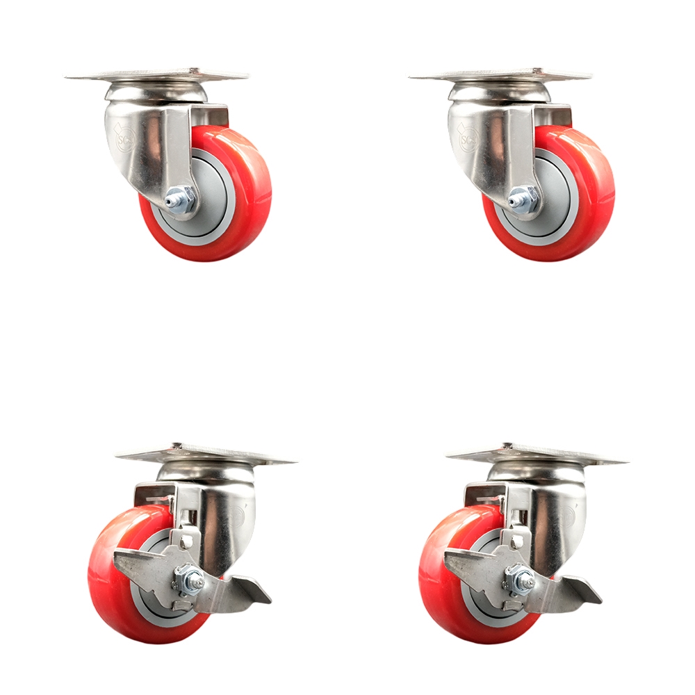 Polyurethane Swivel Top Plate Caster Set of 4 with 3 Inch Red Caster Wheels - 316 Stainless Steel Casters - Includes 2 Swivel with Top Lock Brakes and 2 Swivel - Service Caster Brand — photo 1