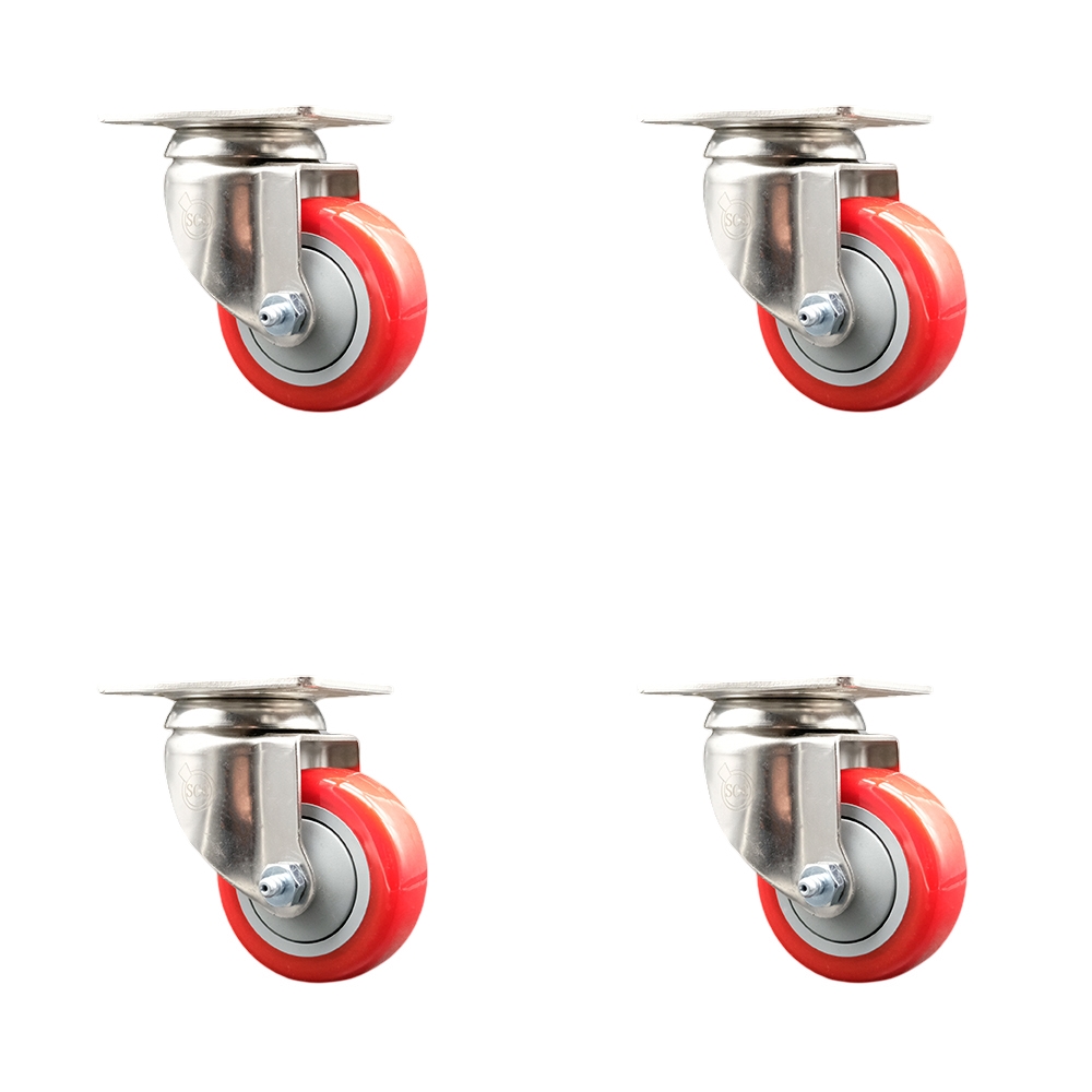 Polyurethane Swivel Top Plate Caster Set of 4 with 3.5 Inch Red Caster Wheels - 316 Stainless Steel Casters - Includes 4 Swivel Casters - 1,200 lbs. Total Capacity - Service Caster Brand — photo 1