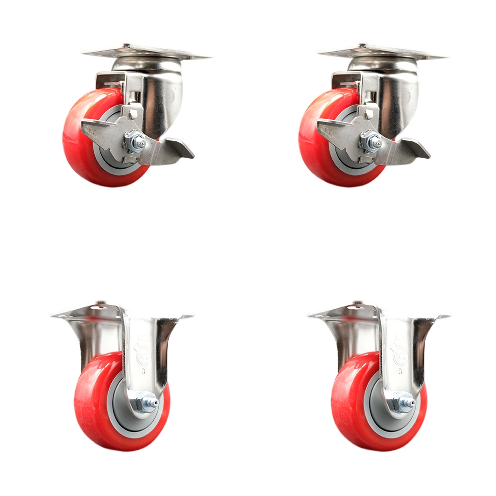 Polyurethane Swivel Top Plate Caster Set of 4 with 3 Inch Red Caster Wheels - 316 Stainless Steel Casters - Includes 2 Swivel with Top Lock Brakes and 2 Rigid - Service Caster Brand — photo 1