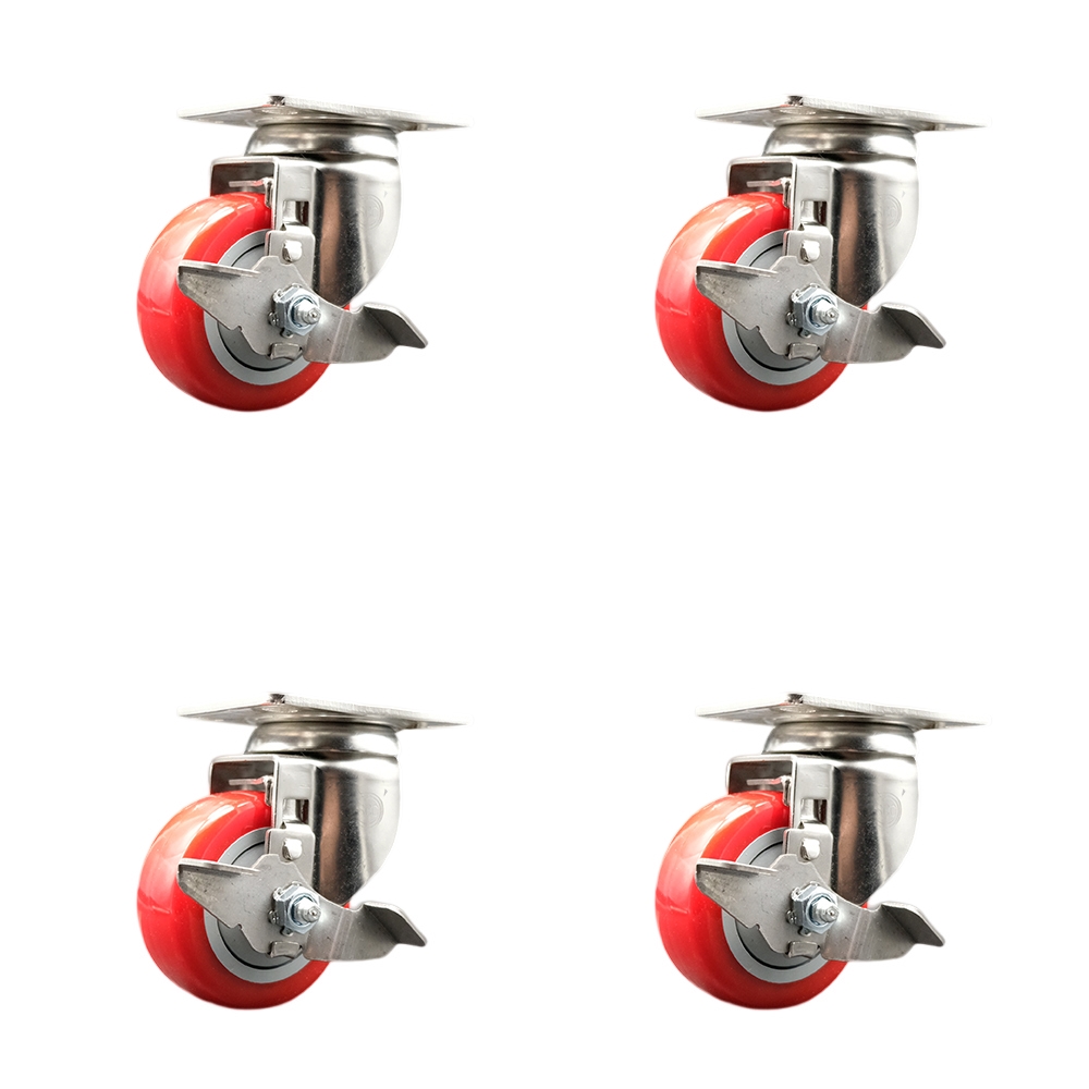 Polyurethane Swivel Top Plate Caster Set of 4 with 3 Inch Red Caster Wheels -316 Stainless Steel Casters-Includes 4 Swivel Casters with Top Lock Brakes-1,200 lbs. Total Capacity- Service Caster Brand — photo 1