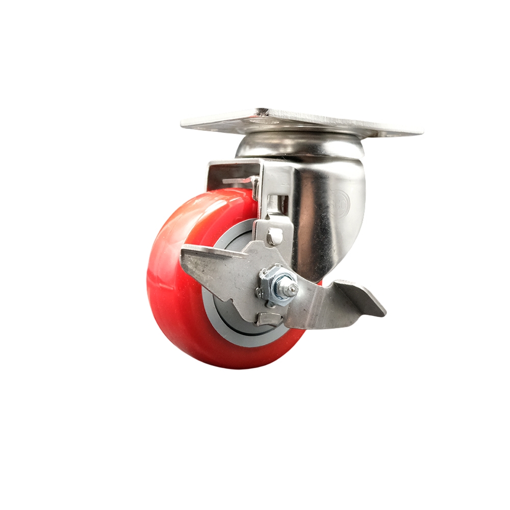 Polyurethane Swivel Top Plate Caster with 3 Inch Red Caster Wheel and Top Lock Brake - 316 Stainless Steel Caster - 300 lbs. Capacity Per Caster - Service Caster Brand — photo 1