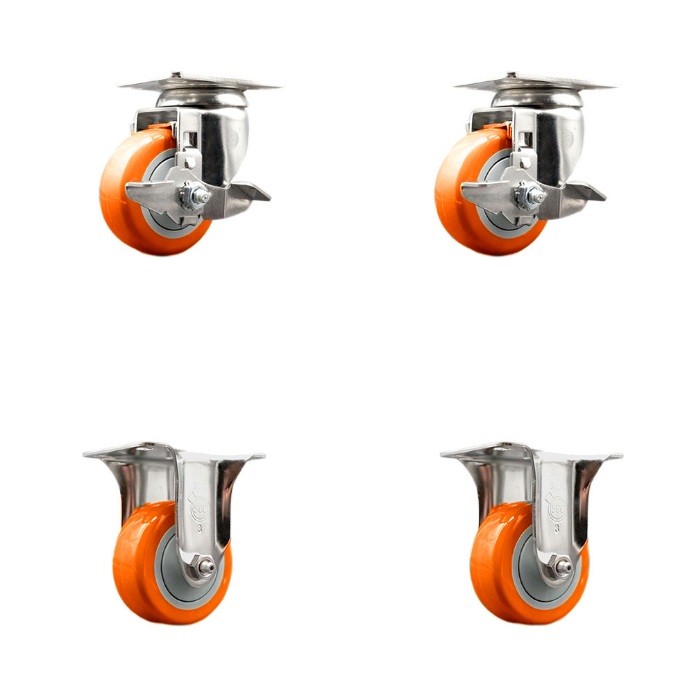 Polyurethane Swivel Top Plate Caster Set of 4 with 3.5 Inch Orange Caster Wheels - 316 Stainless Steel Casters - Includes 2 Swivel with Top Lock Brakes and 2 Rigid - Service Caster Brand — photo 1