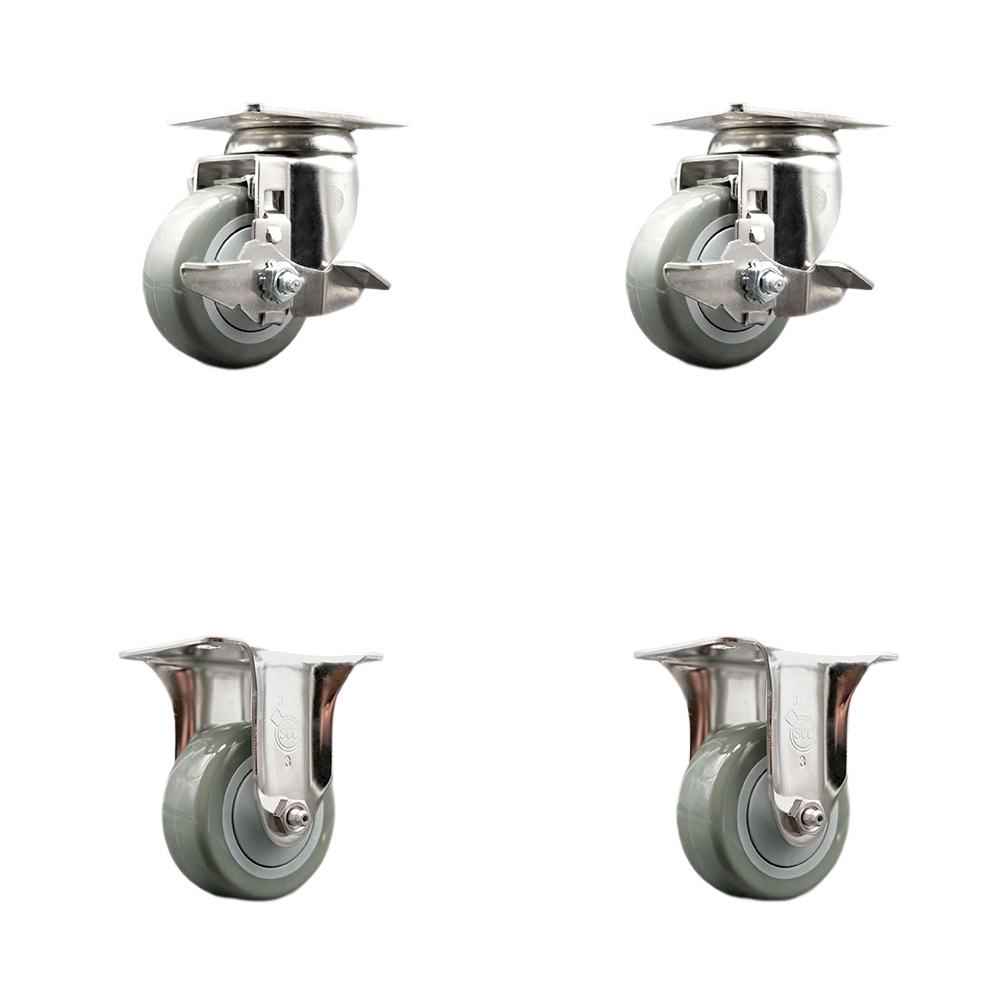 Polyurethane Swivel Top Plate Caster Set of 4 with 3 Inch Gray Caster Wheels - 316 Stainless Steel Casters - Includes 2 Swivel with Top Lock Brakes and 2 Rigid - Service Caster Brand — photo 1