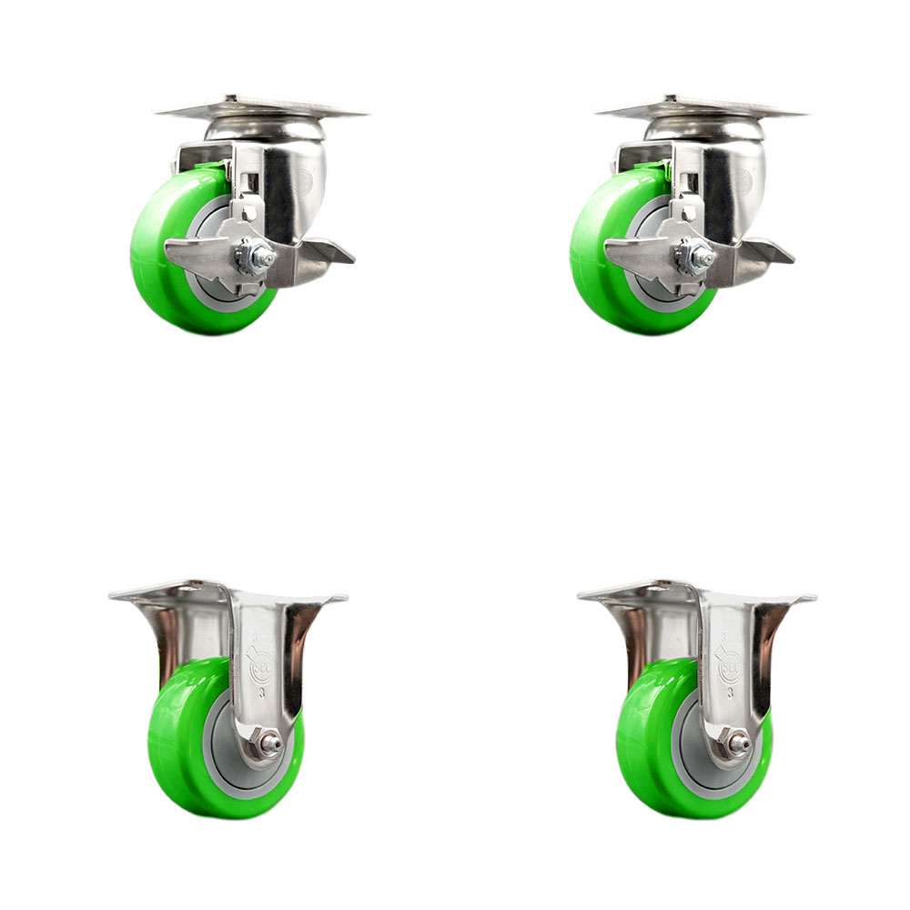 Polyurethane Swivel Top Plate Caster Set of 4 with 3.5 Inch Green Caster Wheels - 316 Stainless Steel Casters - Includes 2 Swivel with Top Lock Brakes and 2 Rigid - Service Caster Brand — photo 1