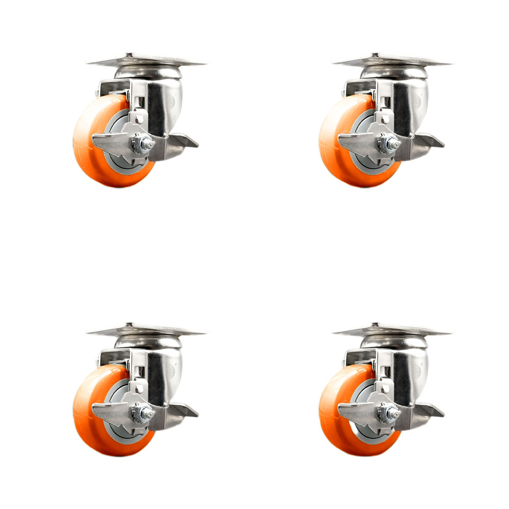 Polyurethane Swivel Top Plate Caster Set of 4 with 3.5 Inch Orange Caster Wheels-316 Stainless Steel Casters-Includes 4 Swivel Casters with Top Lock Brake-1,200lbs. Total Capacity-Service Caster Brand — photo 1