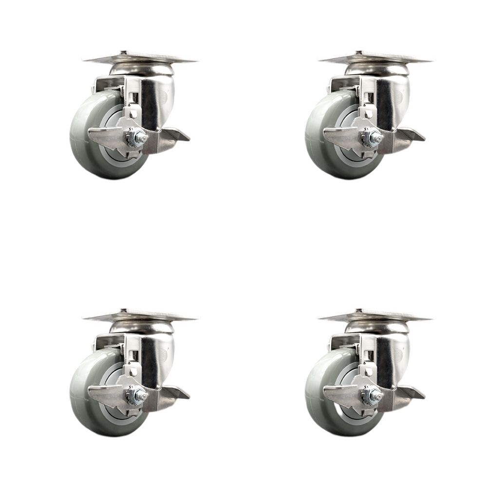 Polyurethane Swivel Top Plate Caster Set of 4 with 3 Inch Gray Caster Wheels -316 Stainless Steel Casters-Includes 4 Swivel Casters with Top Lock Brakes-1,200 lbs. Total Capacity- Service Caster Brand — photo 1