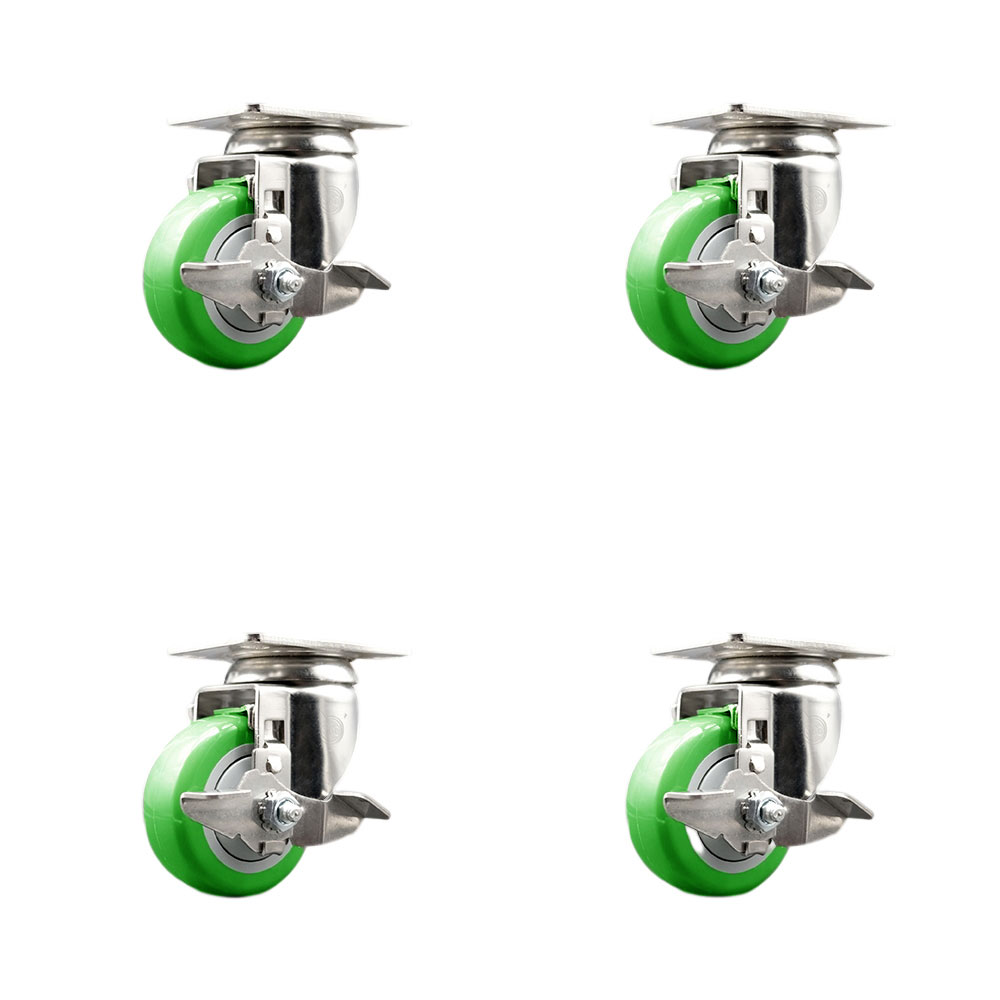Polyurethane Swivel Top Plate Caster Set of 4 with 3.5 Inch Green Caster Wheels-316 Stainless Steel Casters-Includes 4 Swivel Casters with Top Lock Brake-1,200 lbs. Total Capacity-Service Caster Brand — photo 1