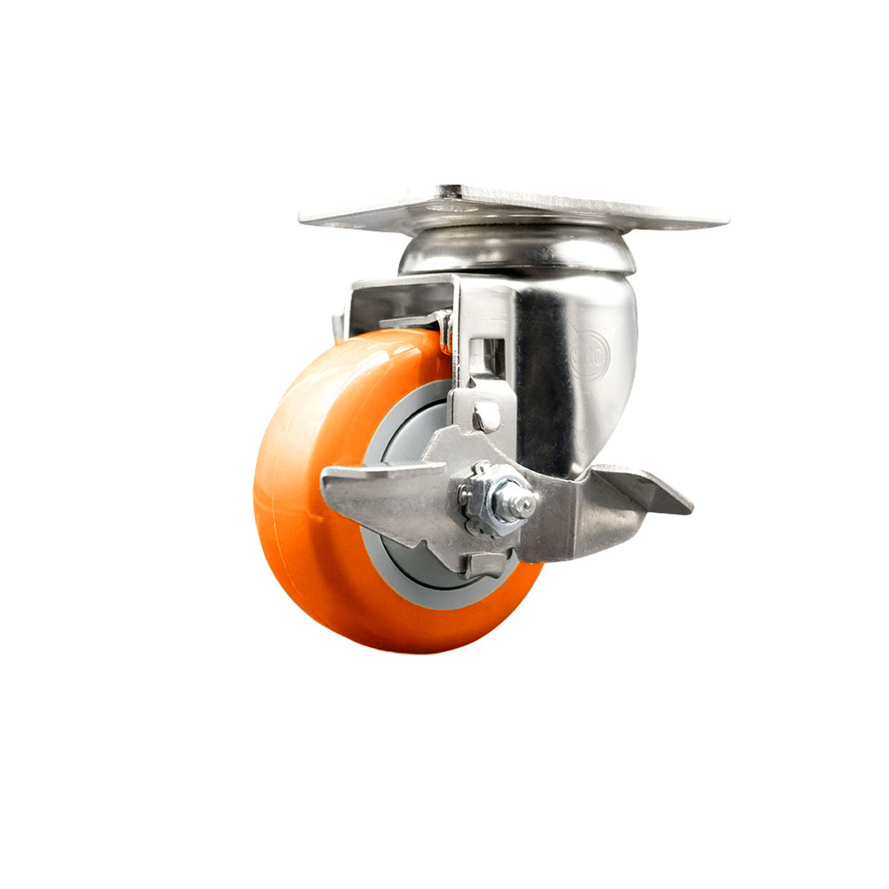 Polyurethane Swivel Top Plate Caster with 3.5 Inch Orange Caster Wheel and Top Lock Brake - 316 Stainless Steel Caster - 300 lbs. Capacity Per Caster - Service Caster Brand — photo 1