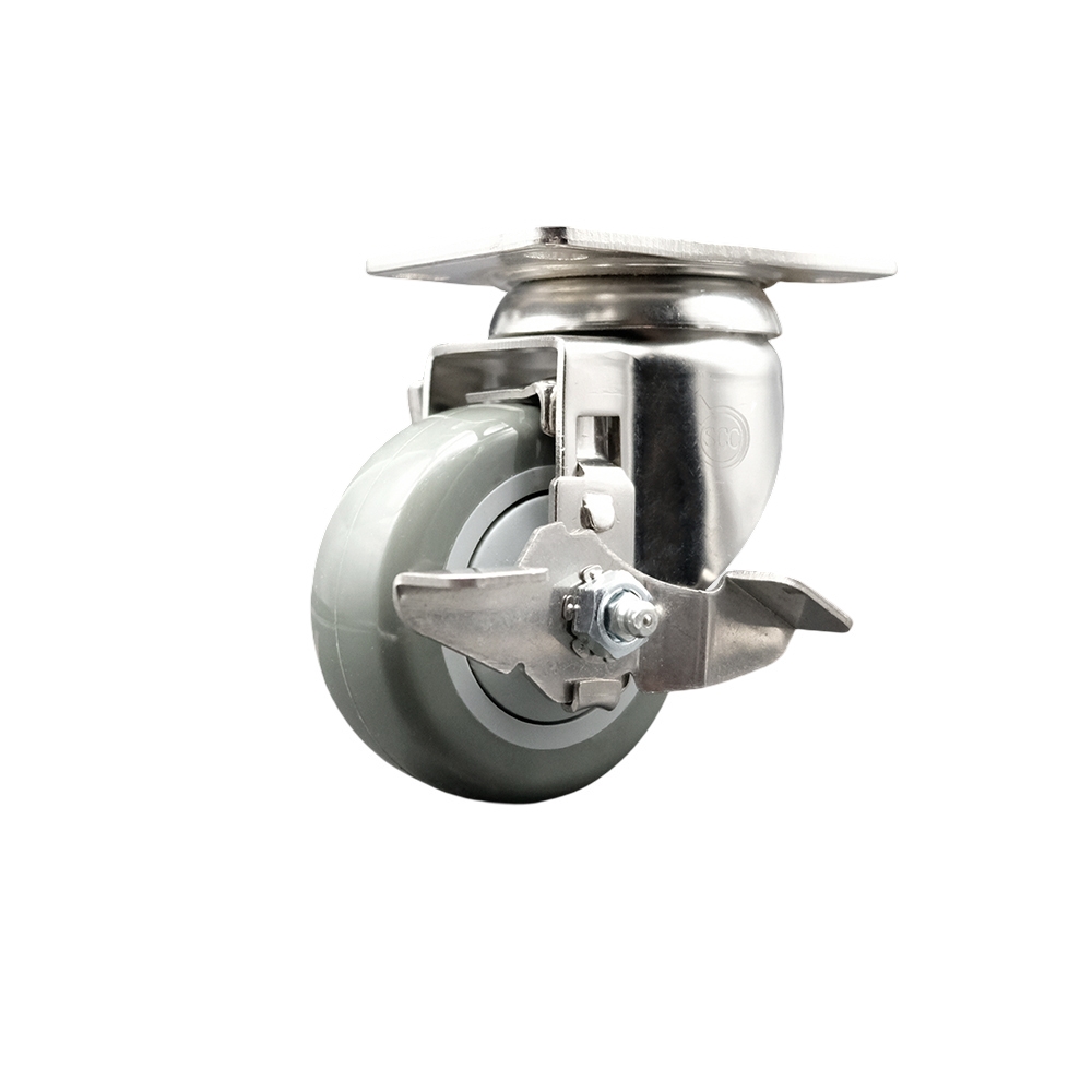 Polyurethane Swivel Top Plate Caster with 3 Inch Gray Caster Wheel and Top Lock Brake - 316 Stainless Steel Caster - 300 lbs. Capacity Per Caster - Service Caster Brand — photo 1