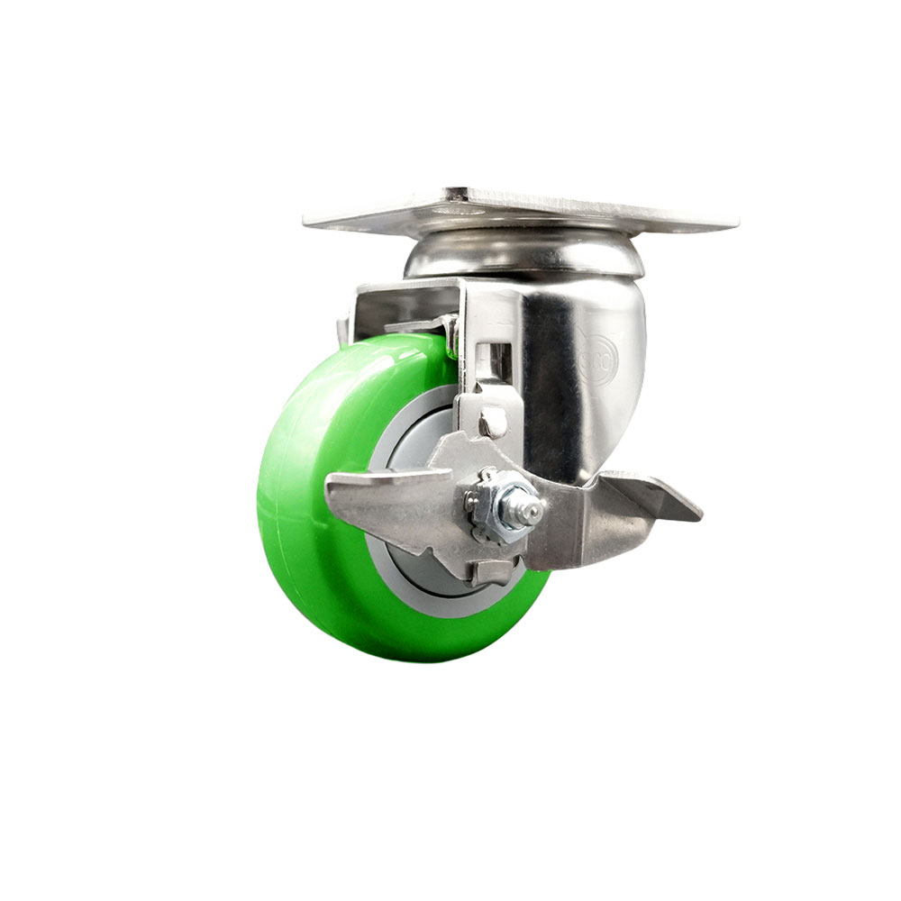Polyurethane Swivel Top Plate Caster with 3.5 Inch Green Caster Wheel and Top Lock Brake - 316 Stainless Steel Caster - 300 lbs. Capacity Per Caster - Service Caster Brand — photo 1