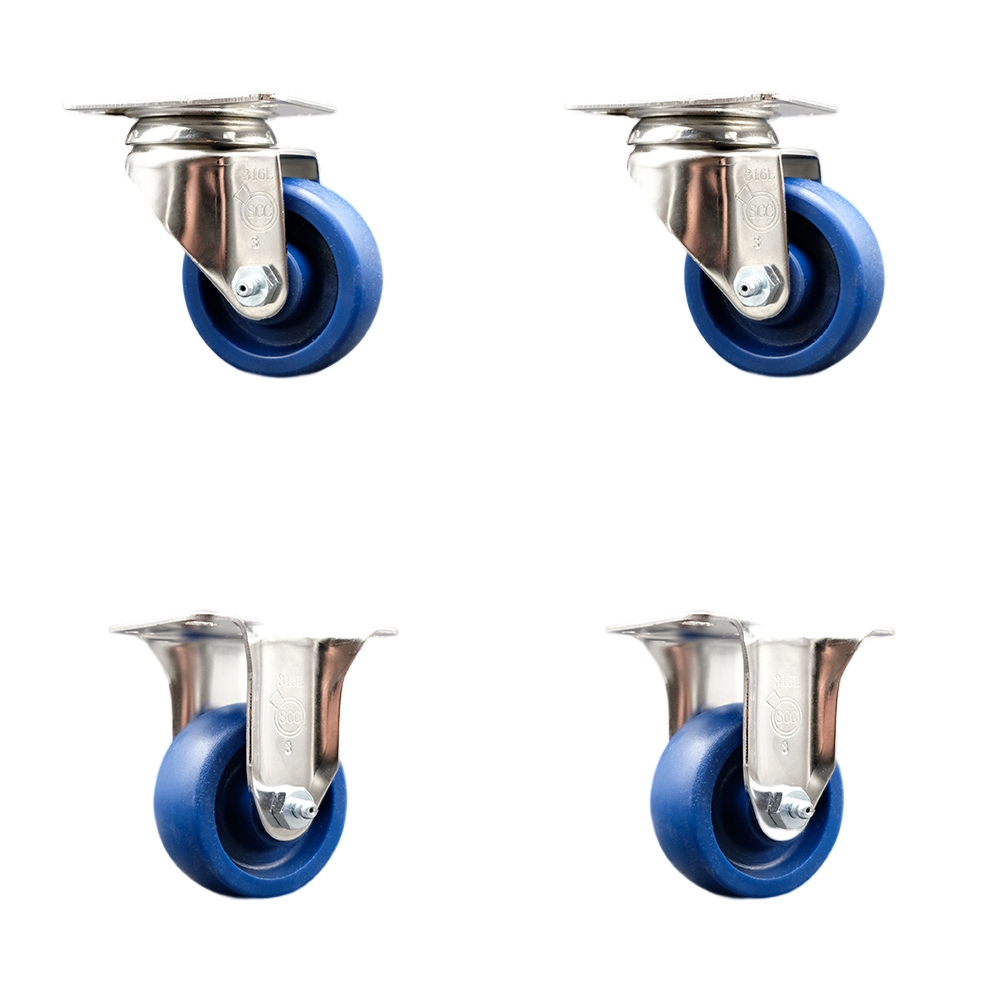 Solid Polyurethane Swivel Top Plate Caster Set of 4 with 3 Inch Blue Caster Wheels - 316 Stainless Steel Casters - Includes 2 Swivel Casters and 2 Rigid Casters - Service Caster Brand — photo 1