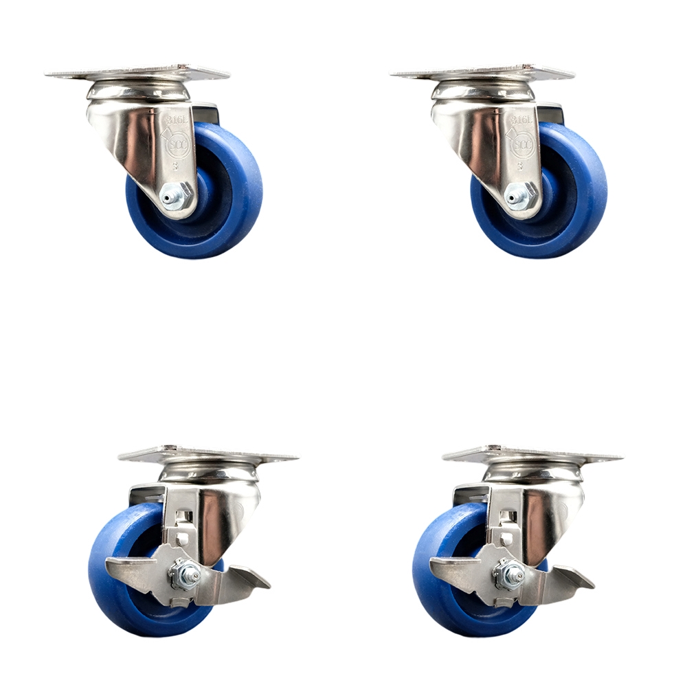 Solid Polyurethane Swivel Top Plate Caster Set of 4 with 3 Inch Blue Caster Wheels - 316 Stainless Steel Casters - Includes 2 Swivel with Top Lock Brakes and 2 Swivel - Service Caster Brand — photo 1