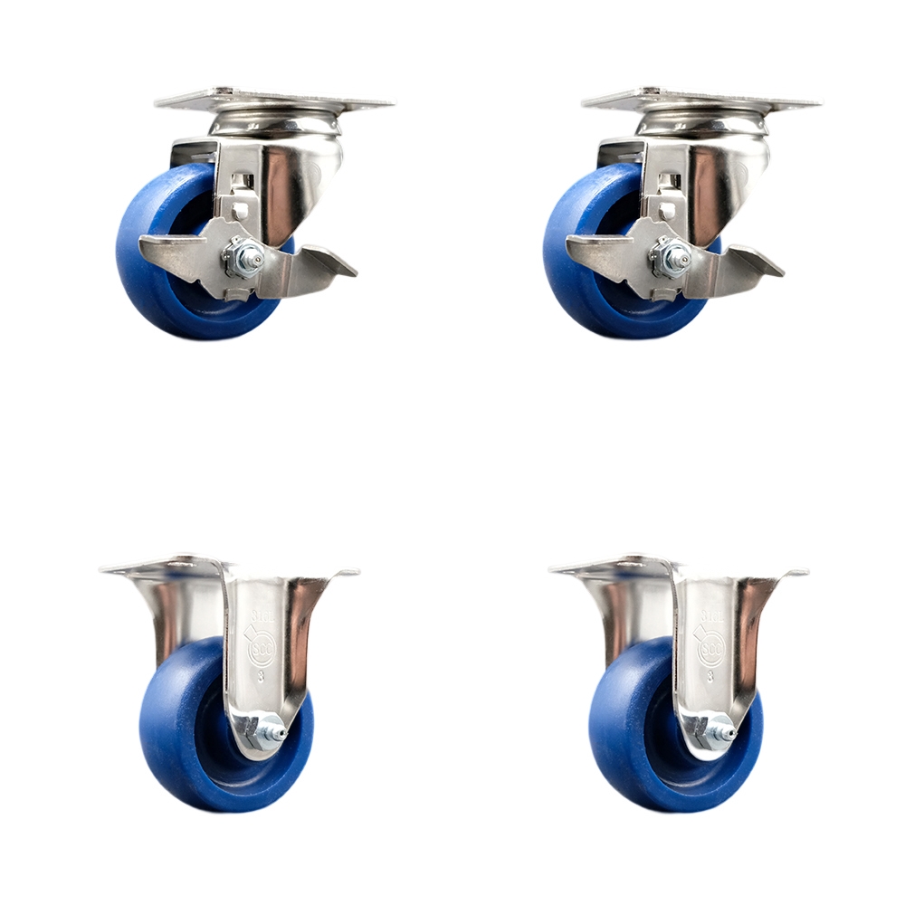 Solid Polyurethane Swivel Top Plate Caster Set of 4 with 3.5 Inch Blue Caster Wheels - 316 Stainless Steel Casters - Includes 2 Swivel with Top Lock Brakes and 2 Rigid - Service Caster Brand — photo 1