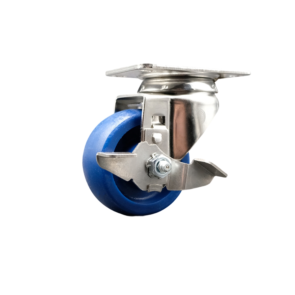 Solid Polyurethane Swivel Top Plate Caster with 3 Inch Blue Caster Wheel and Top Lock Brake - 316 Stainless Steel Caster - 300 lbs. Capacity Per Caster - Service Caster Brand — photo 1