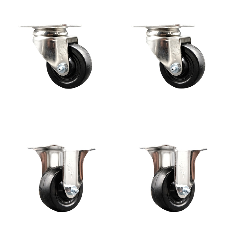 Soft Rubber Swivel Top Plate Caster Set of 4 with 3 Inch Black Caster Wheels - 316 Stainless Steel Casters - Includes 2 Swivel Casters and 2 Rigid Casters - Service Caster Brand — photo 1